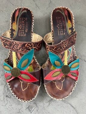 Spring Step L'Artiste "Pola" Brown Multi Color
Leather Slide Sandals Adjustable